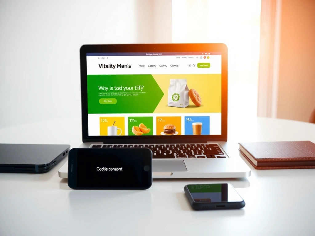 A minimalist desk with a laptop showing an e-commerce site and a smartphone with a cookie consent prompt